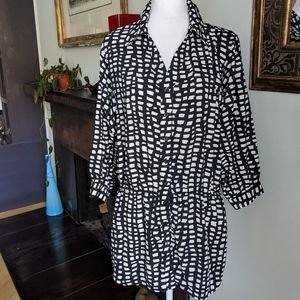 Susan Graver Womens Small ButtonFront Tunic Blouse Black White Elastic Waist 118